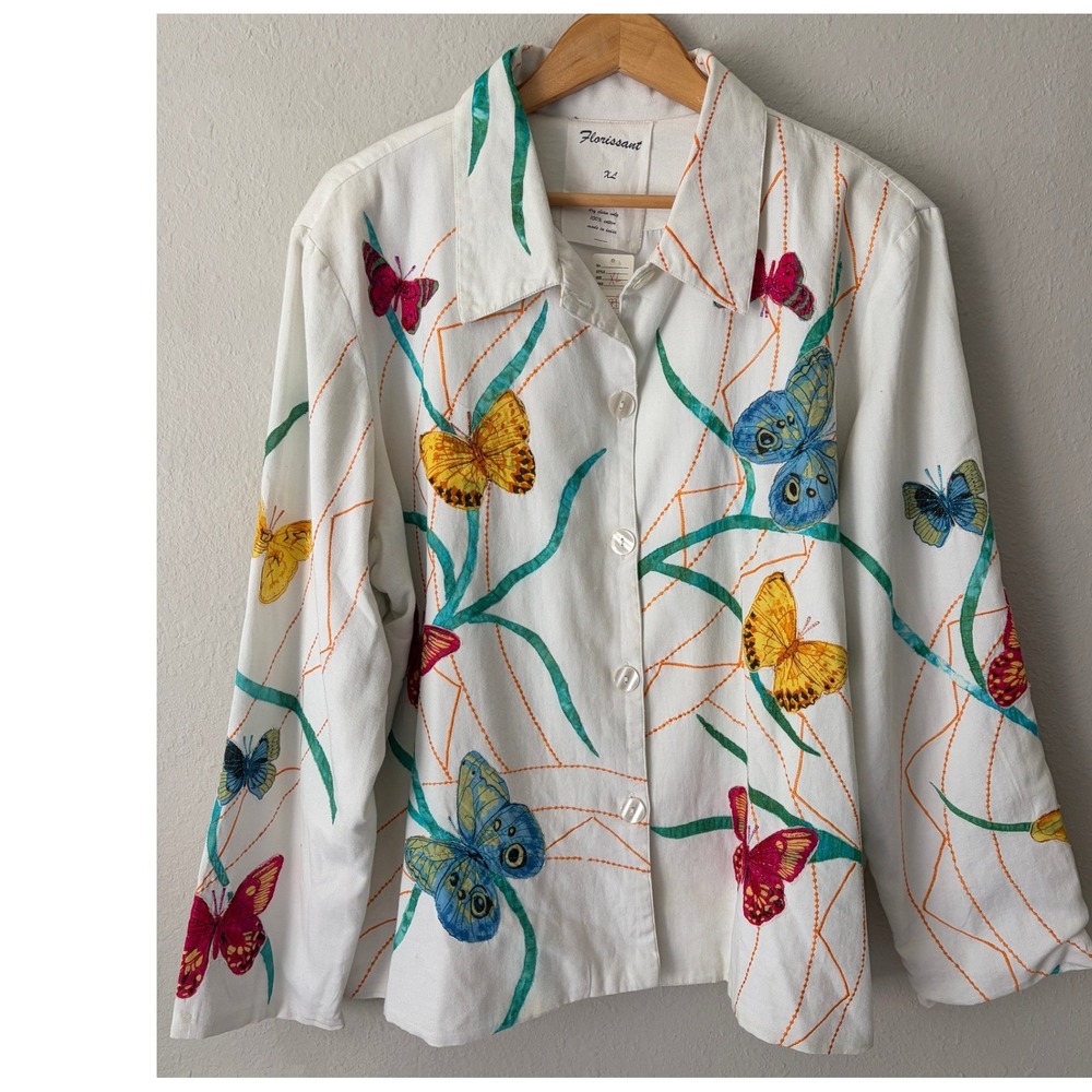 NWT Florissant Women Embroidered Butterfly Button Front Shirt XL Art To Wear Top